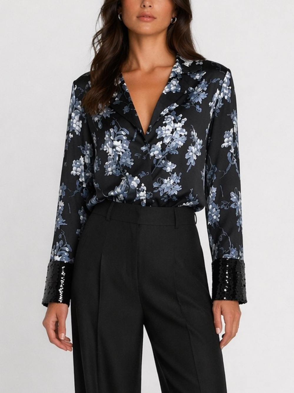 Cinq a Sept Phoebe Blouse Women’s‎ XXS Black Coastal Floral Sequin Cuff Party